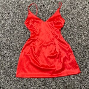 Women’s Red Satin Mini Dress V Plunge neckline LUX LA tight waist strappy dance